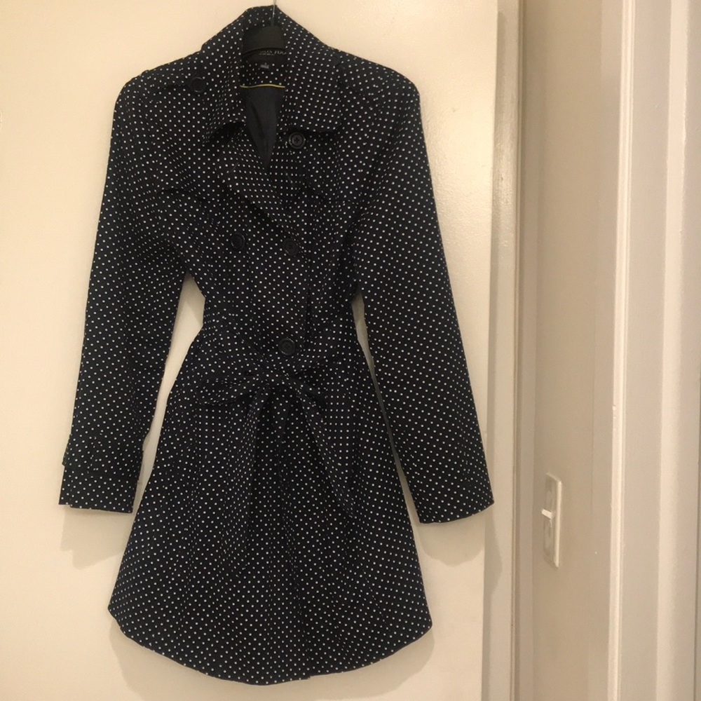 London Fog Navy with white polka dot rain coat